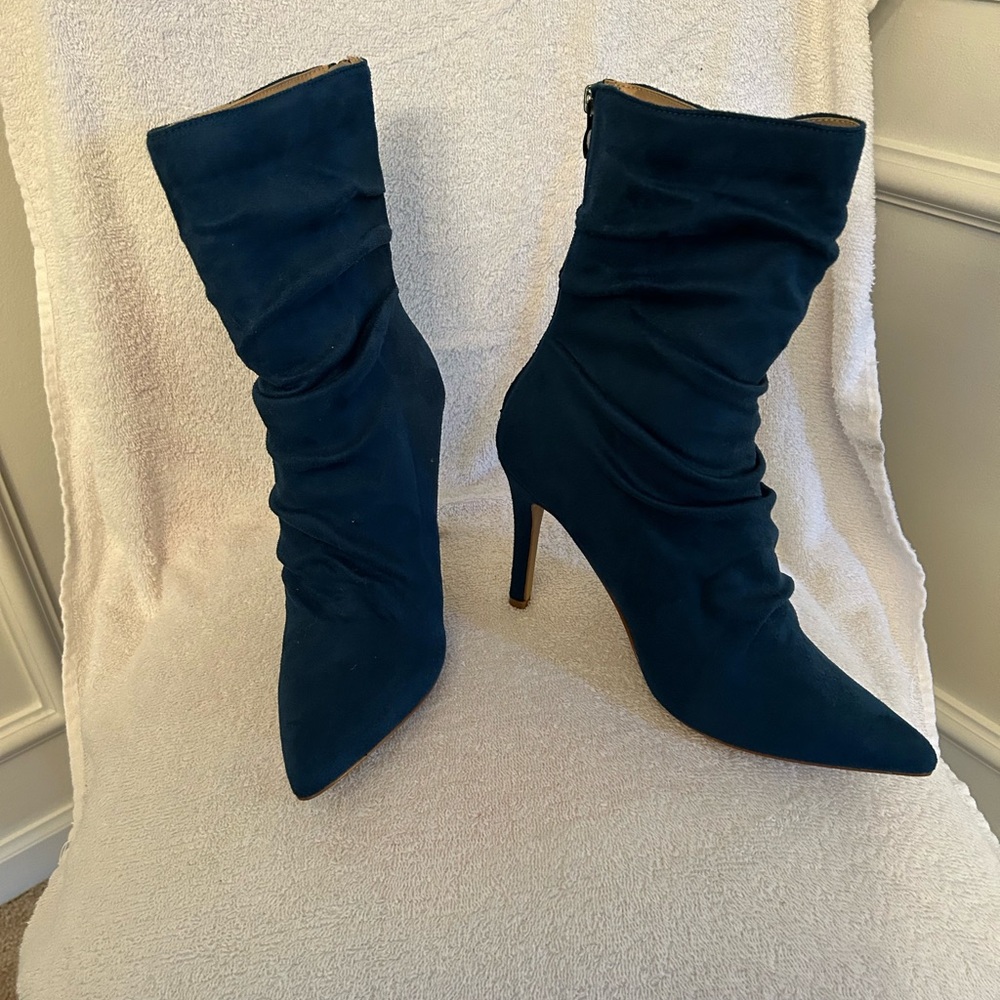 Journee Collection Blue Slouchy Heeled Boots with Pointed Toe